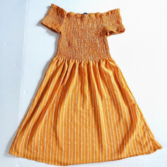 Rue21 Medium Off Shoulder Sundress-Mustard Striped-Smocked Bodice - Boho - Picture 1 of 6